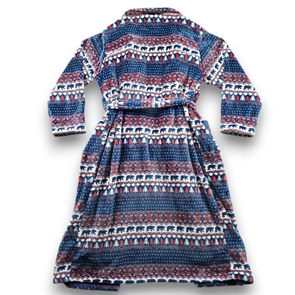 Chubbies Robe Mens One Size Blue Red Fair Isle Bear Fleece Belted Pockets Posh